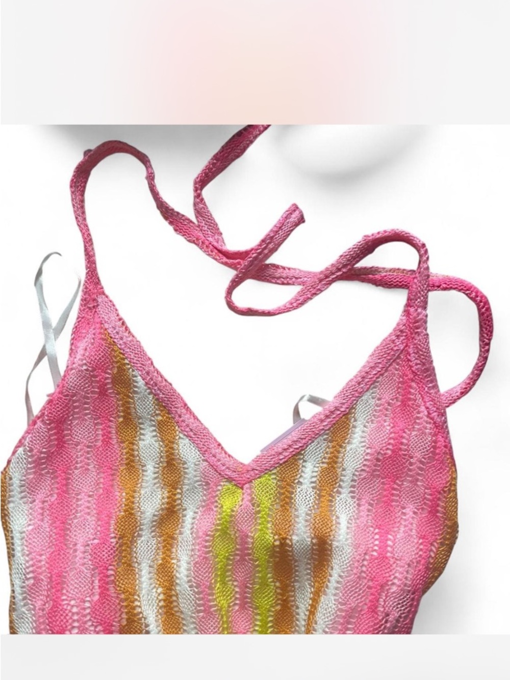 Striped Open-Knit Summer Sweater in Pink, White, Gold & Neon - Picture 3 of 5